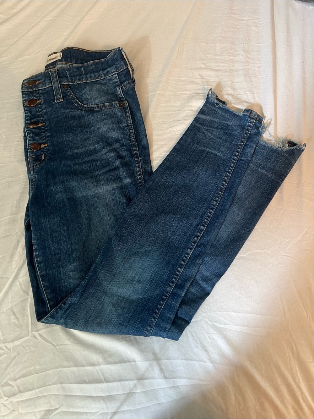 Madewell Dark Blue High-Rise Button-Fly Jeans with Raw Hem